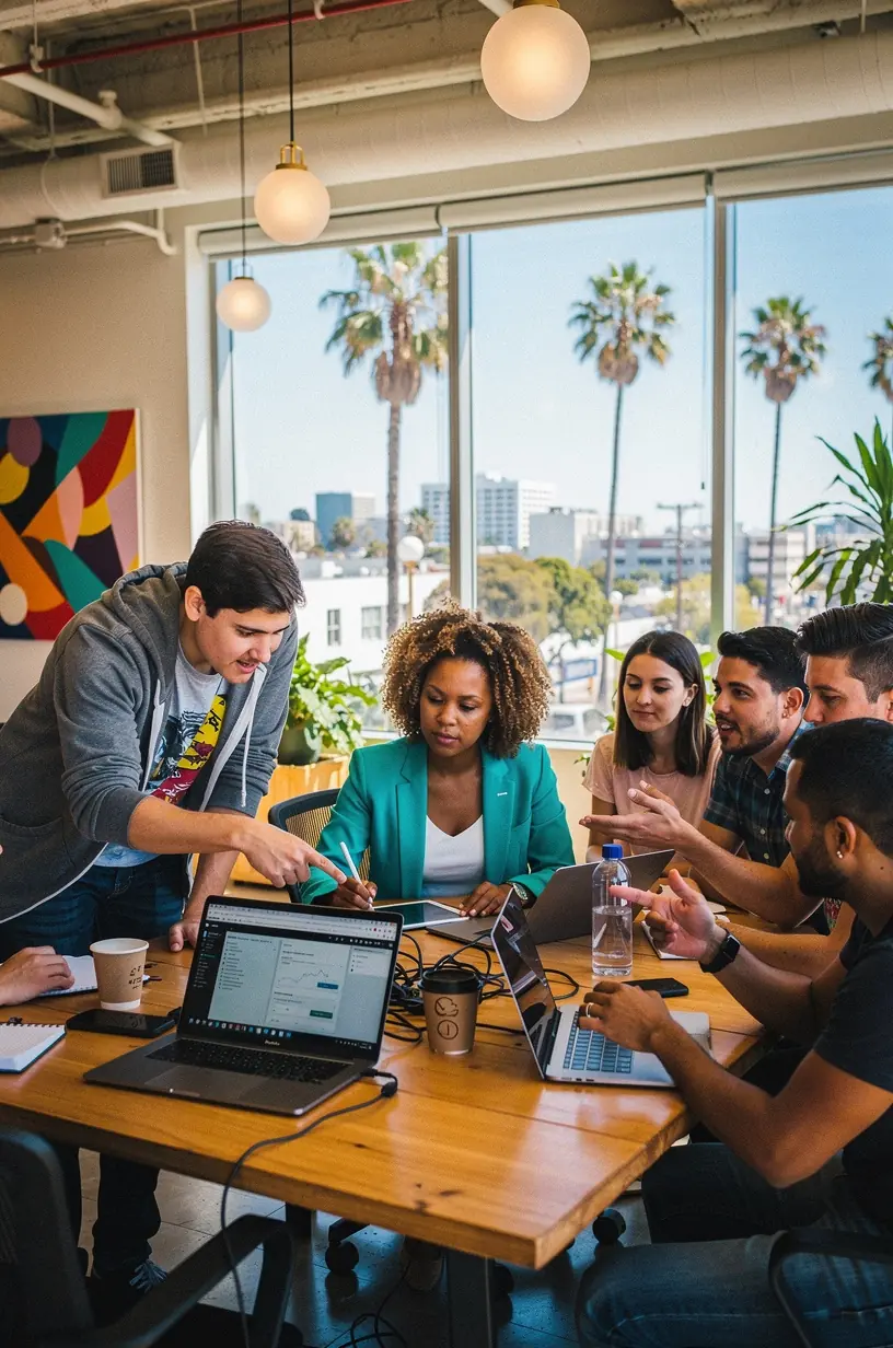 Illustration of project management software interface and tools.